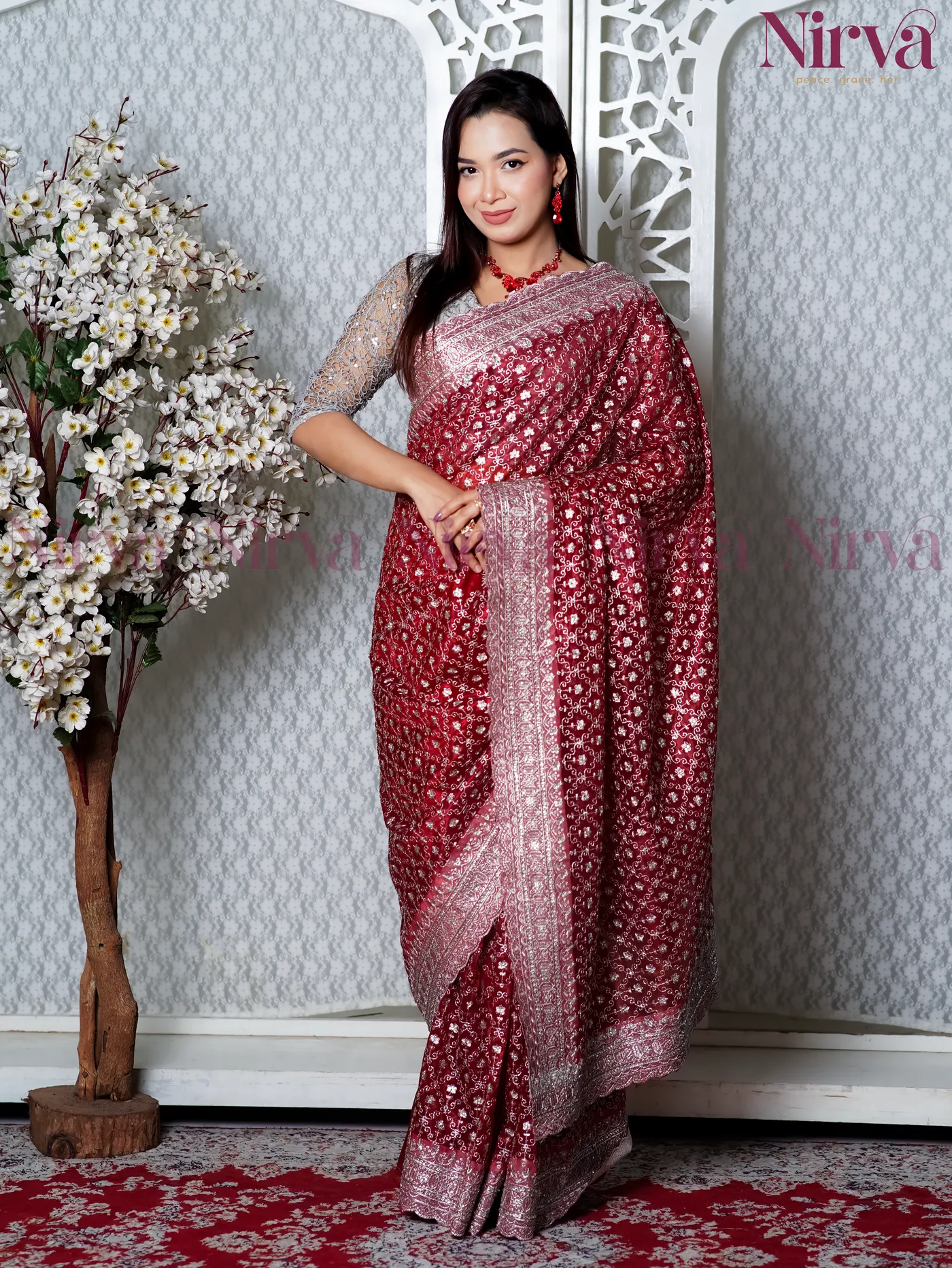 Silver Jaal Saree Maroon-Rose Pink - Complete Set