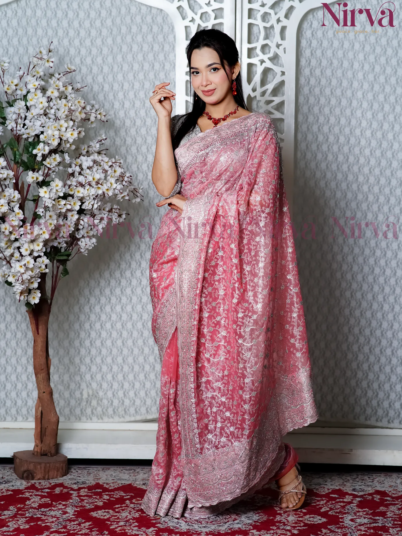 Light Pink/Royal Maroon Soft Jaal Saree - Complete Set