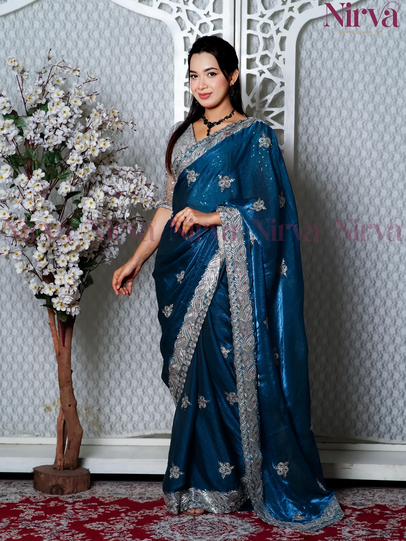 Teal-Lavender Shimmer Buti Saree - Complete Set