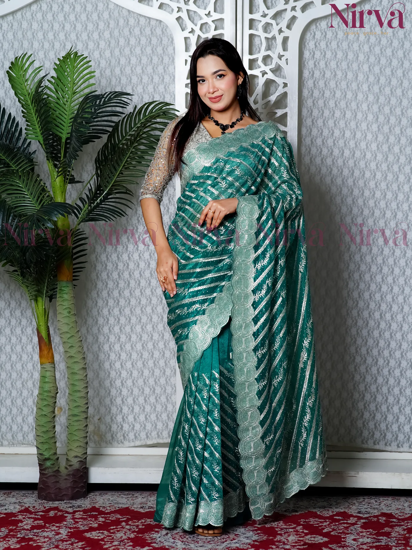 Silver Stripe Saree Sea Green-Black - Complete Set
