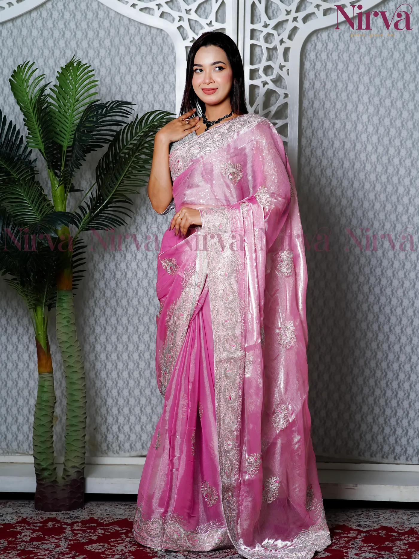 Crystal Paisley Saree Pink-Navy - Complete Set